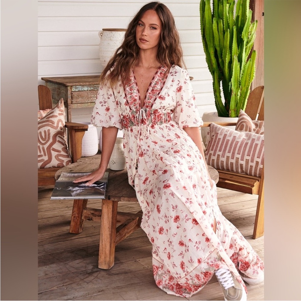 NWT free people LYSETTE bohemian floral cotton maxi dress in tea combo color